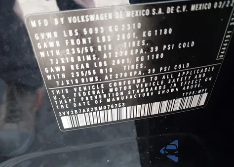 2022 Volkswagen Tiguan 2.0T Se из США, поврежденный, VIN 3VV2B7AX2NM076753